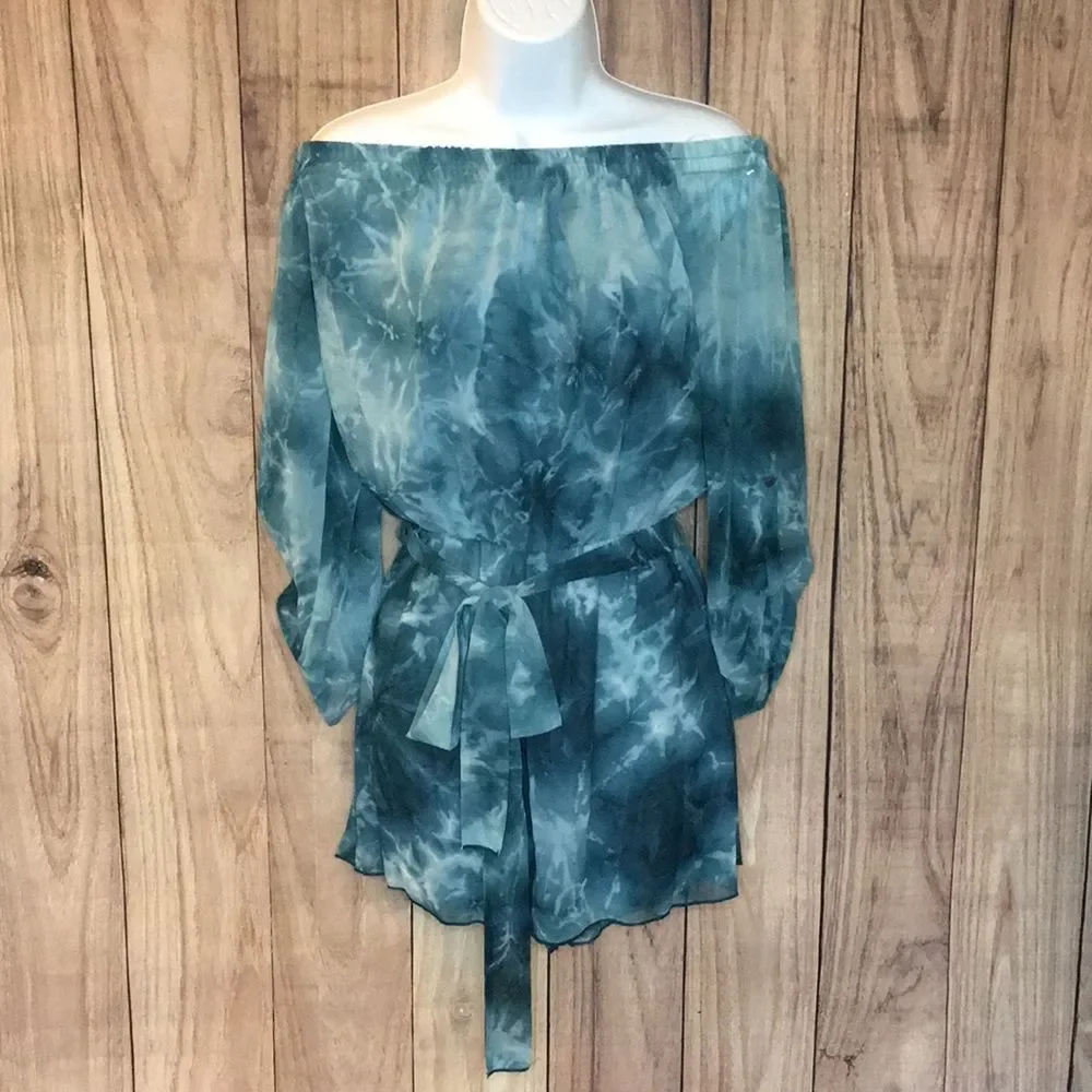 NWOT Belted Teal Blue Tie-Dye Off the Shoulder Romper